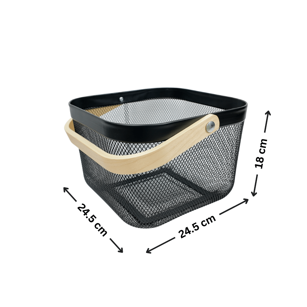 Small Black Handy Storage Basket with Wooden Handle-1
