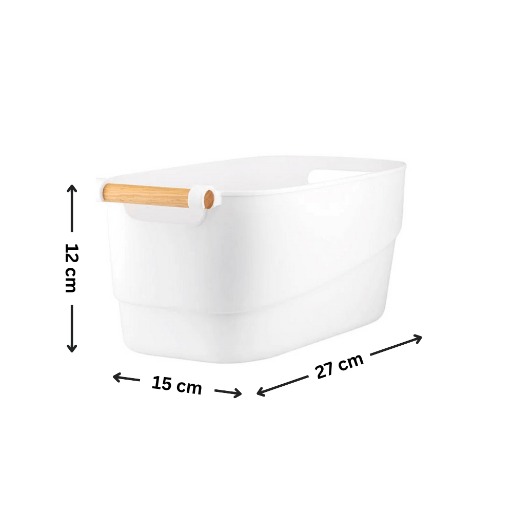 Small White Storage Tub – Stylish with Wooden Handles-2