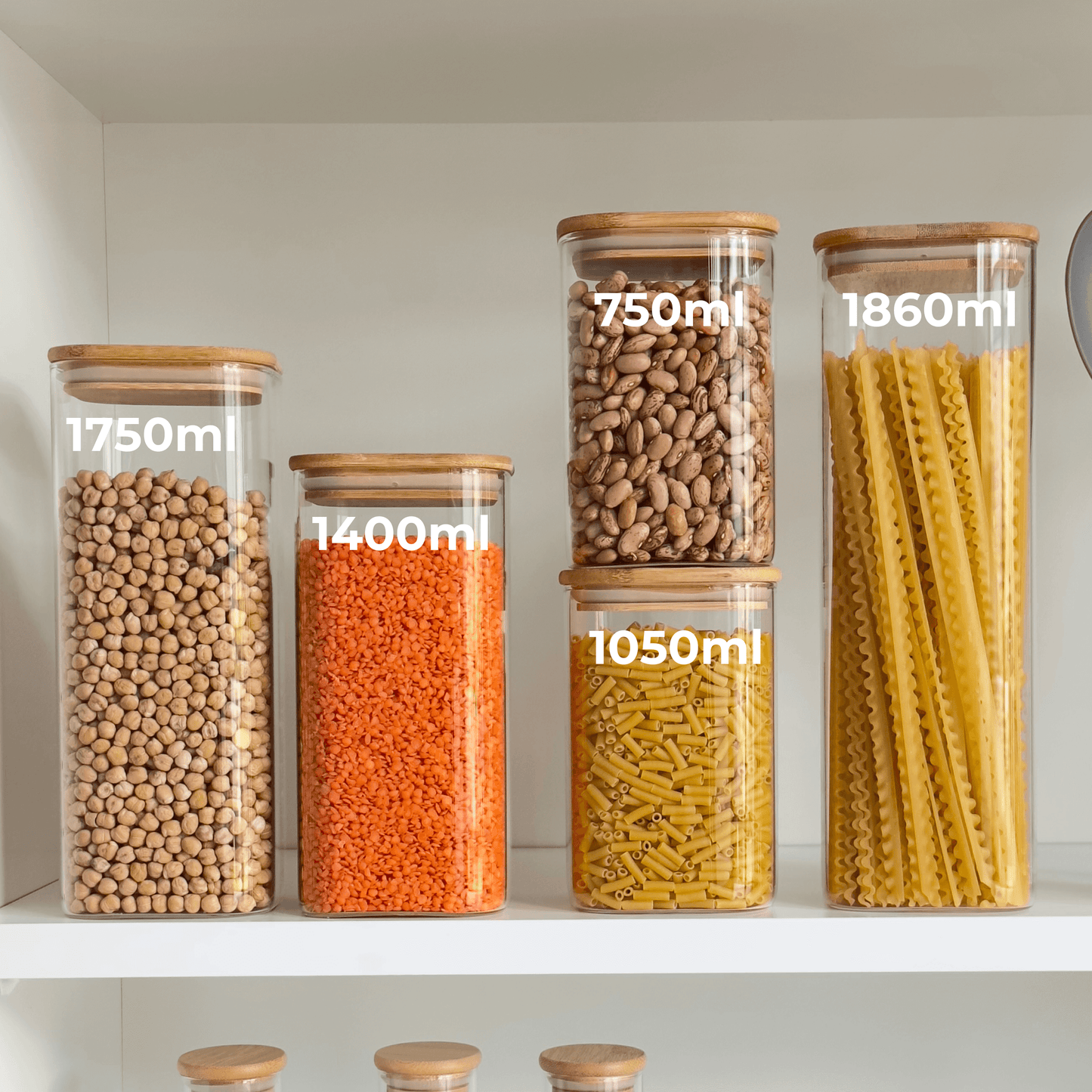 Square Bamboo Glass Pantry Jar Set – 5 Stackable Sizes-1