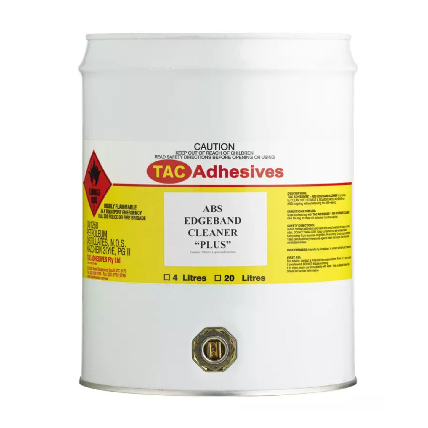 20 Litre drum of TAC ABS Edgeband Cleaner PLUS – low-odour solvent cleaner for removing hotmelt and solvent adhesive from ABS edge banding