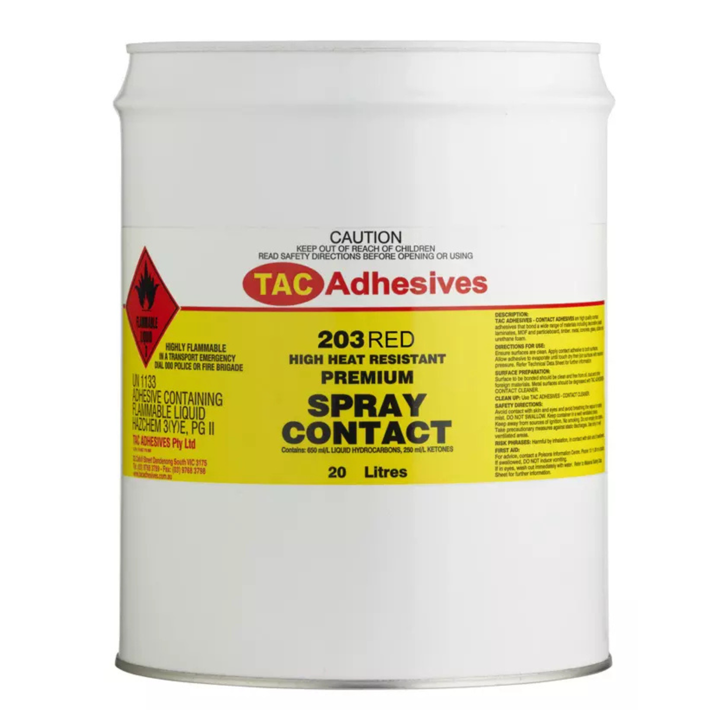 Red TAC 203 premium high‑heat spray contact adhesive 20 L drum – industrial spray adhesive for bonding laminates, timber, MDF, metal, and more