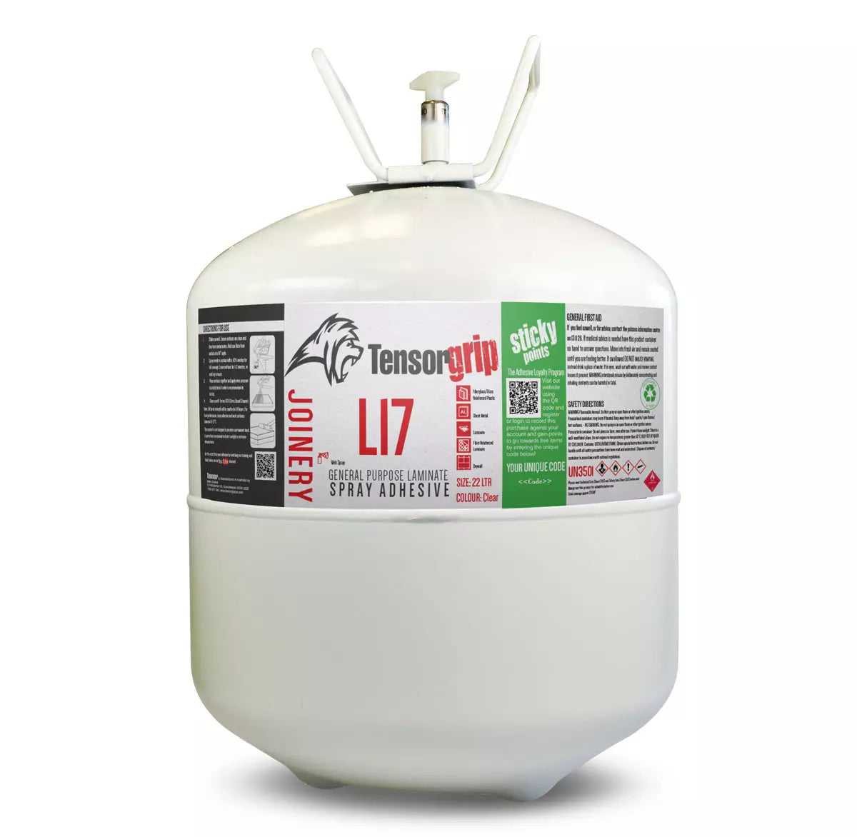 Tensorgrip L17 22 L clear flammable industrial contact adhesive canister for high‑temperature bonding of HPL, MDF, plywood and timber panels with fast tack and durable permanent adhesion