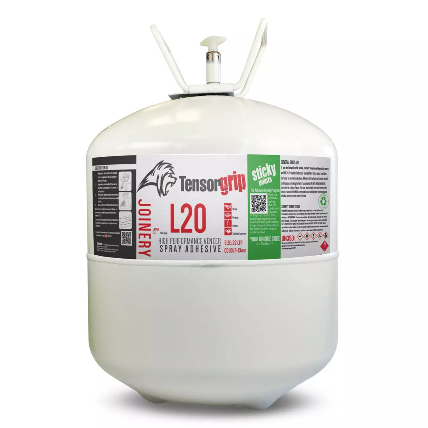 Tensorgrip L20 22L clear flammable industrial adhesive canister, ideal for bonding HPL, MDF, and multiple surfaces with high-strength, fast-drying performance