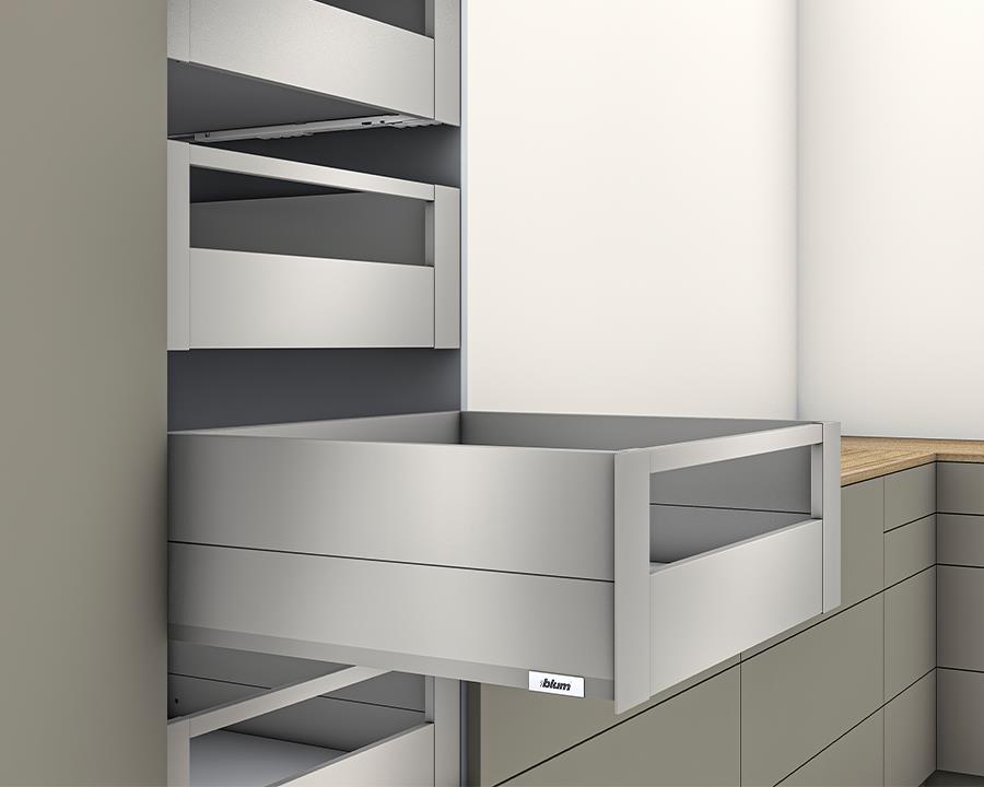 Blum MERIVOBOX modular E Height 192mm Inner Drawer BOXCAP with Gallery Rail 270mm with BLUMOTION in Indium Grey 40kg by W&B