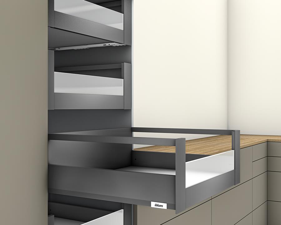 Blum MERIVOBOX modular E Height 192mm Inner Drawer Gallery with Low Glass Design Element 400mm with BLUMOTION in Orion Grey 40kg. To suit 600mm wide cabinet