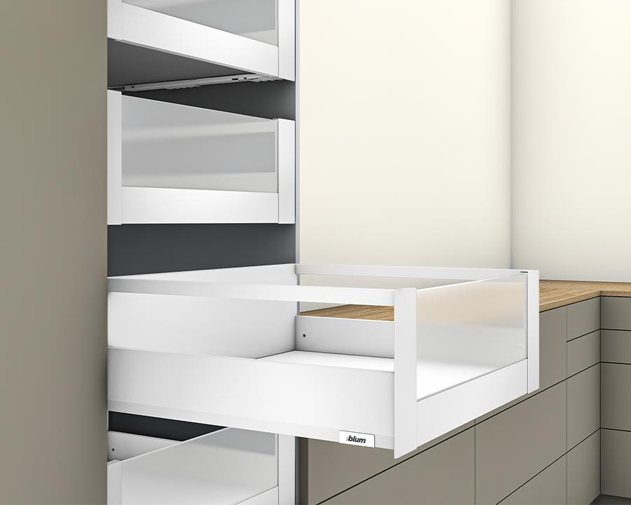 Blum MERIVOBOX modular E Height 192mm Inner Drawer Gallery with High Glass Design Element 600mm with BLUMOTION in Silk White 40kg. To suit 600mm wide cabinet by W&B