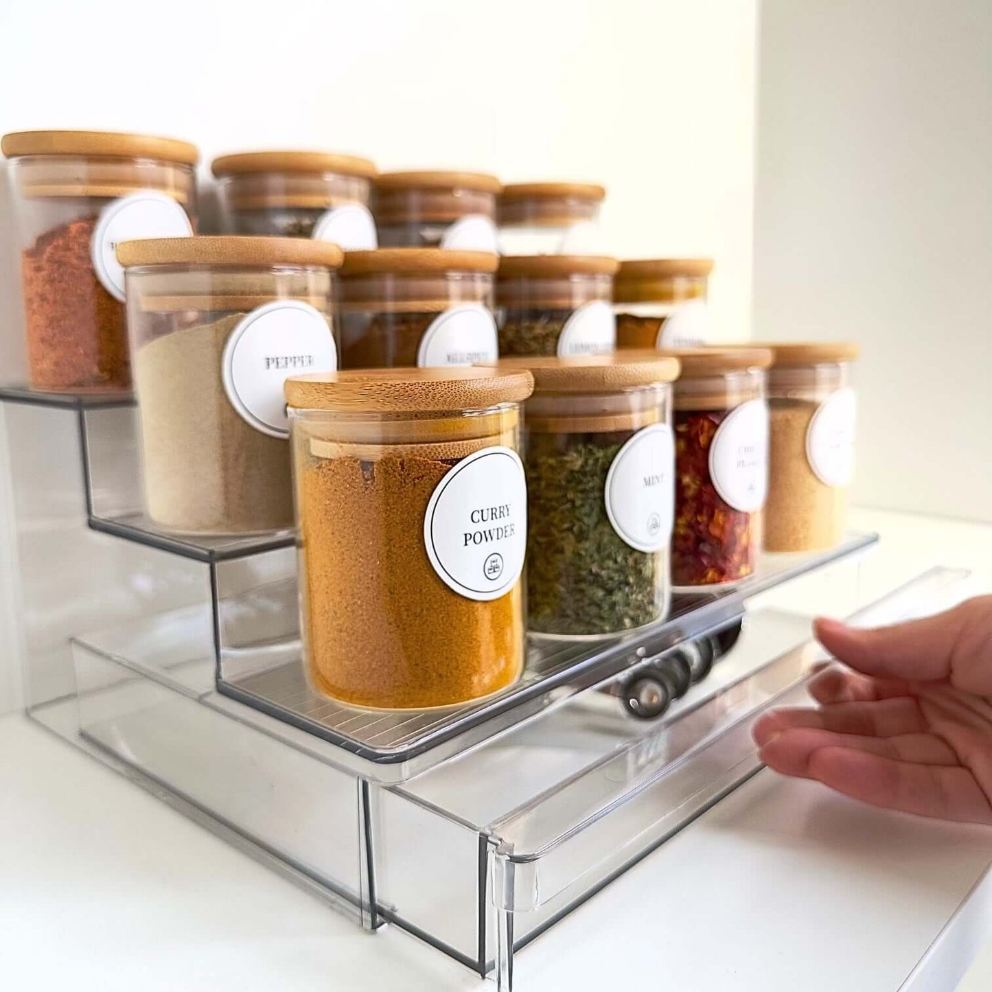 Spice Rack with 12 Bamboo Jars – Acrylic Drawer Organiser-1