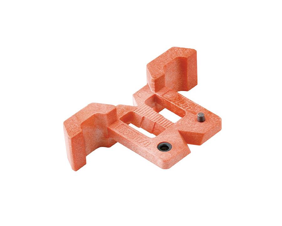 Blum drilling template 65‑5070 by Wilson and Bradley for CLIP and MODUL cruciform mounting plates, orange precision jig for pre‑drilling 5 mm holes and accurate mounting plate placement