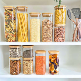 Square Bamboo Pantry Jars – 12-Pack Glass Storage Set