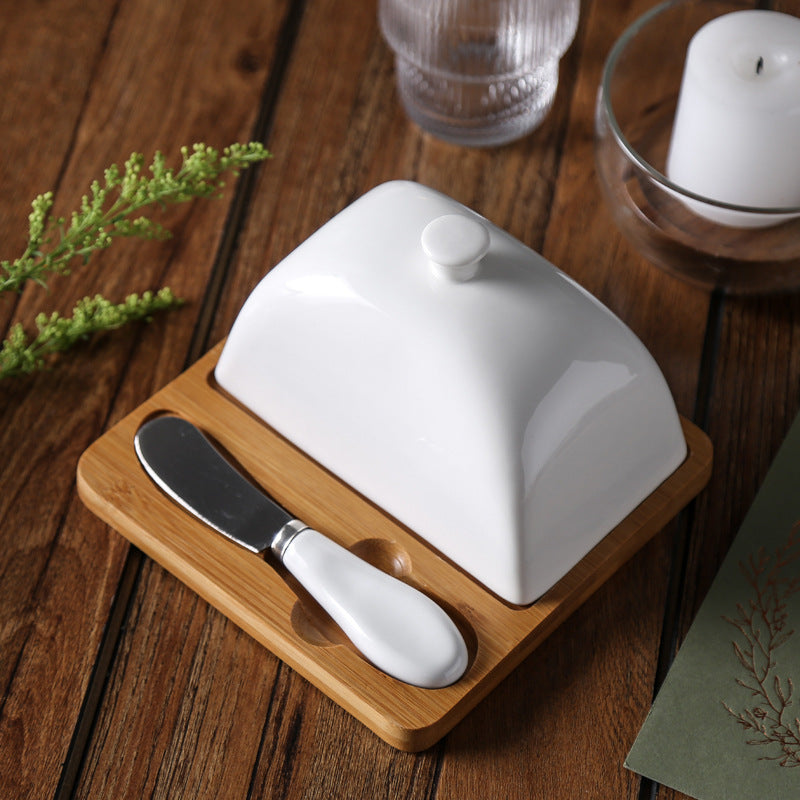Ceramic Butter Dish with Bamboo Base-0