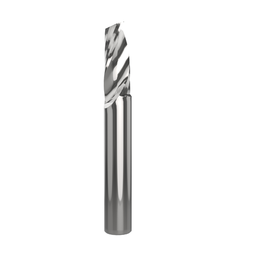 10mm single flute spiral cutter for CNC routing plastic, acrylic, and PVC materials, available in up cut and down cut variants for clean, precise, chip-free cutting performance.