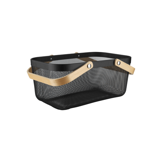 Large Black Handy Storage Basket with Wooden Handle-0