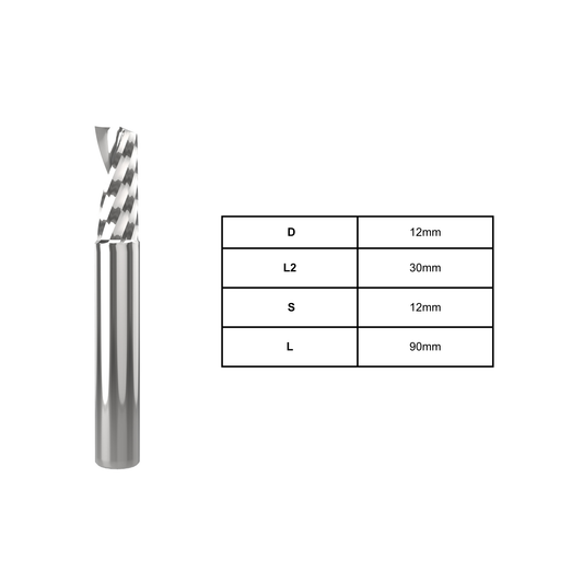 12mm aluminium O flute spiral cutter for CNC routing aluminium and soft metals with efficient chip removal and smooth, precise cutting performance.
