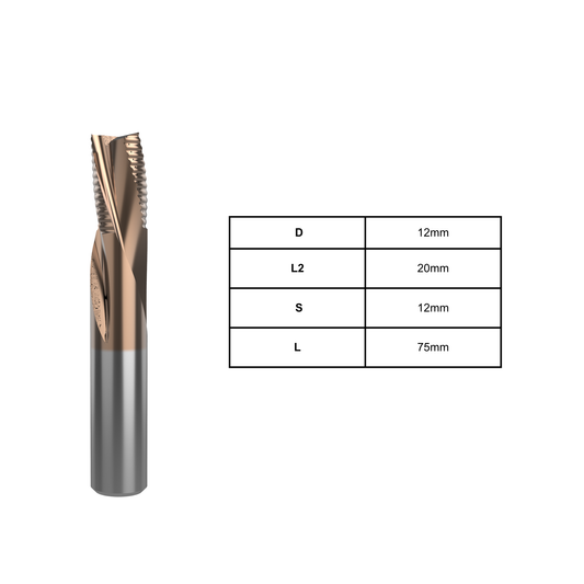 12mm compact laminate roughing end mill for CNC routing, designed for fast and efficient material removal in compact laminate, HPL, MDF, and solid surface panels.