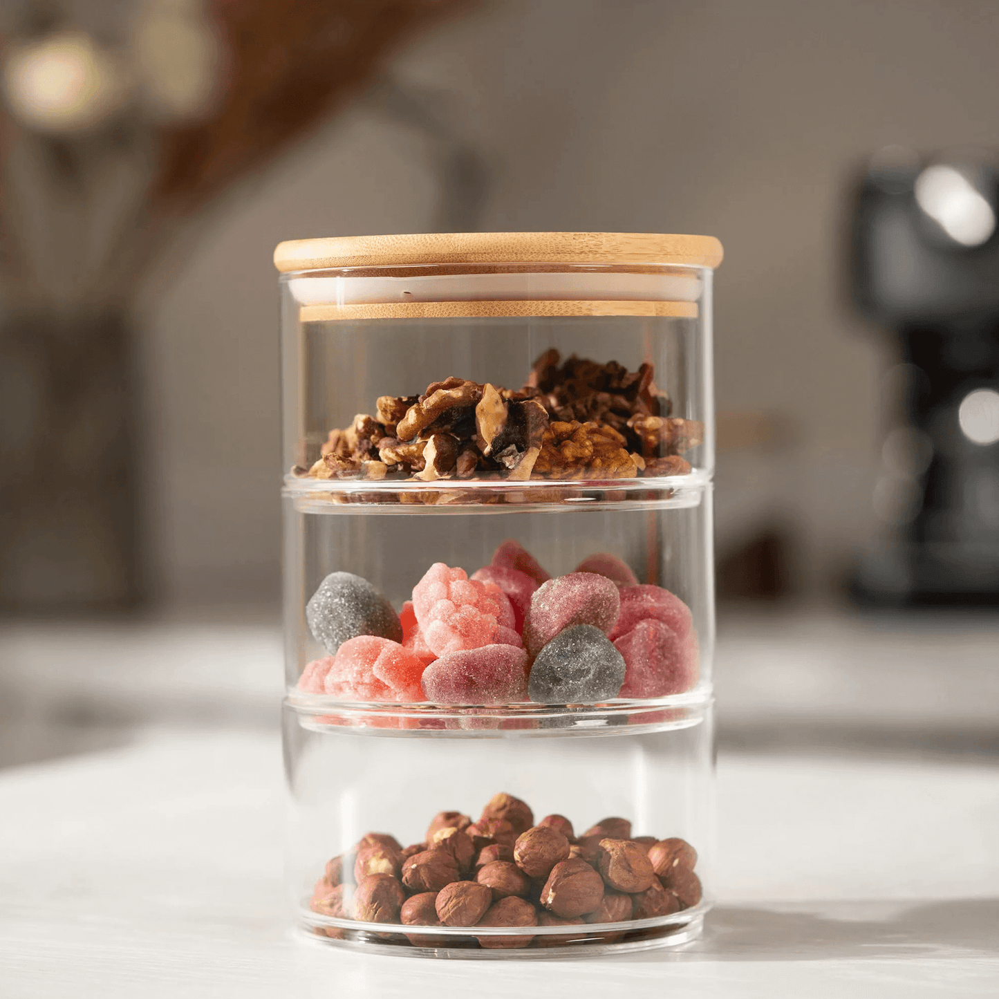 Stackable Round Bamboo Glass Jar – 450ml-1