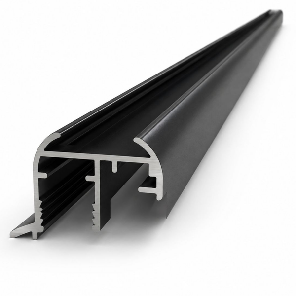 Black 16mm wardrobe grip style aluminium profile for sliding wardrobe doors, durable modern handle extrusion ideal for sleek custom wardrobe installations and upgrades.