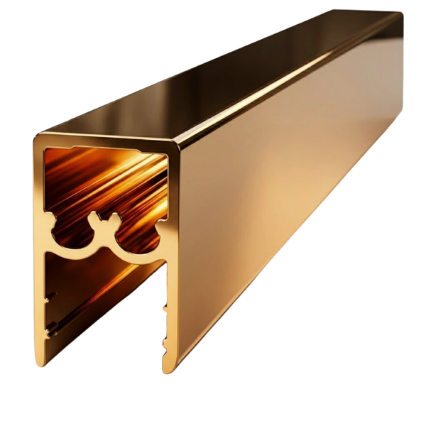 Sliding wardrobe top and bottom rail system in bright gold for modern interiors