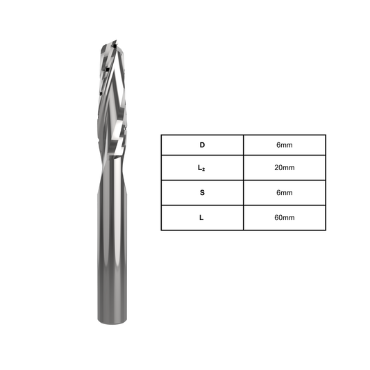 2-flute chip breaker spiral 6mm D x 20mm L2 for efficient chip control and smooth cutting of wood, MDF, and composite materials; durable CNC milling tool