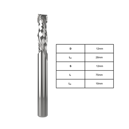 2-flute compression cutter CC12S-2 for precise, tear-free cutting of laminated boards, MDF, plywood, and composite materials – durable, low-vibration, ideal for cabinetry, panels, and professional woodworking