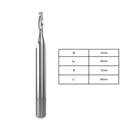 2-flute finishing spiral 12mm D x 42mm L2 for smooth, high-precision finishing cuts on wood, MDF, and composite materials; durable CNC milling tool