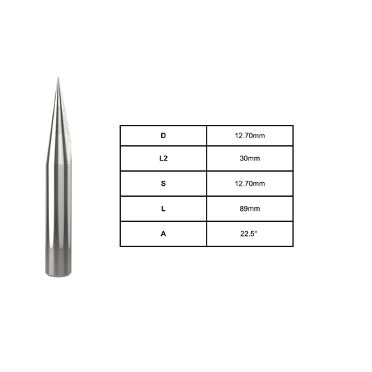 12.7mm carbide Vee groove router bit with 22.5° angle for CNC engraving on wood, MDF, acrylic, and composite materials with precise and clean detailing performance.