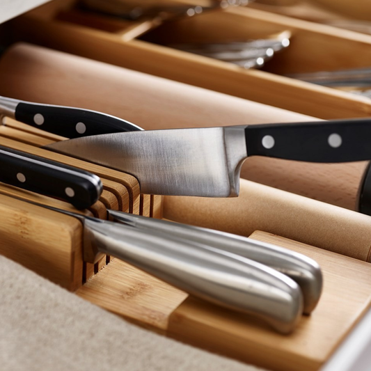 2 tier bamboo knife drawer organiser for safely storing kitchen knives while keeping drawers neat and organised.