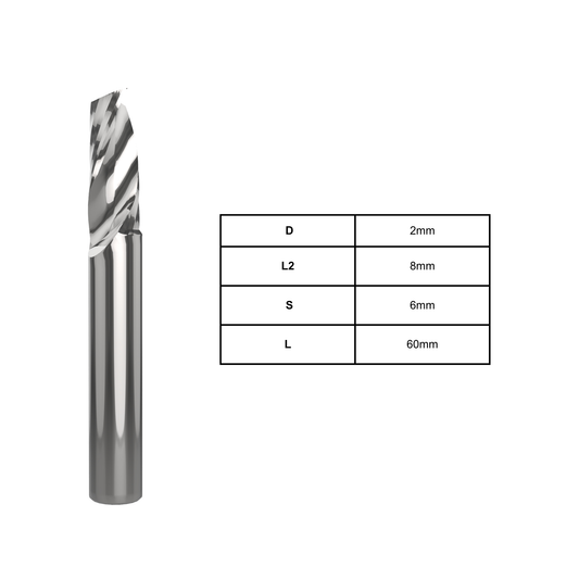 2mm aluminium O flute spiral cutter for CNC routing aluminium and soft metals with efficient chip removal and smooth, precise cutting performance.
