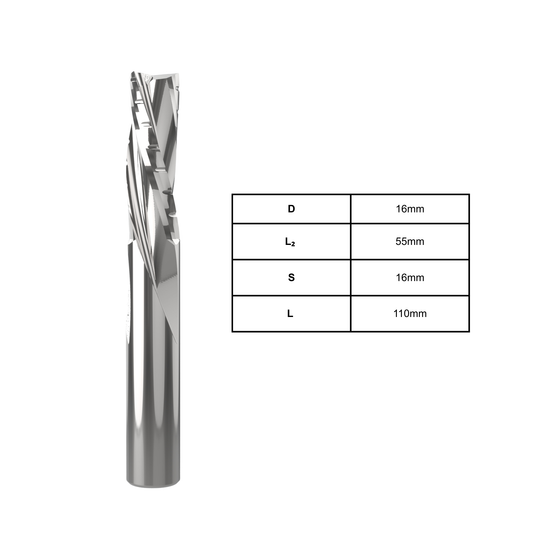 3-flute chip breaker spiral 16mm D x 55mm L2 for efficient chip control and smooth cutting of wood, MDF, and composite materials; durable CNC milling tool