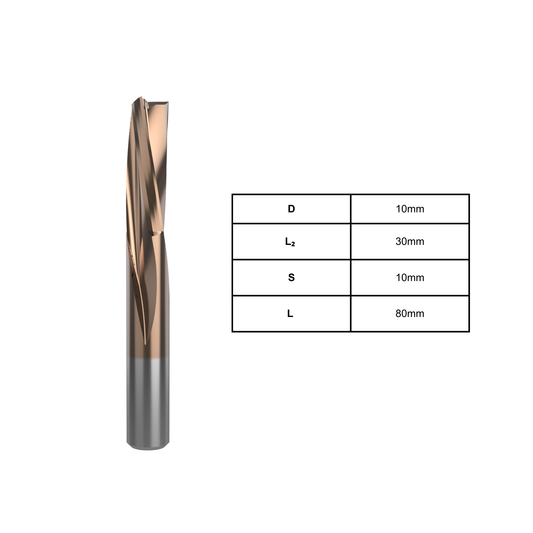 3-flute coated finishing spiral 10mm D x 30mm L2 for smooth, high-precision cuts on wood, MDF, and composite materials; durable CNC milling tool with enhanced wear resistance