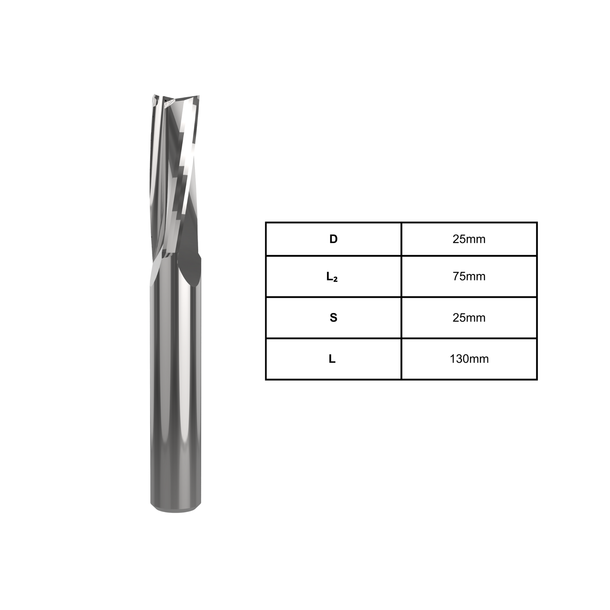 3-flute coated finishing spiral router bit, 25mm diameter, 75mm cutting length, precision CNC bit for smooth cuts in wood, MDF, plywood, and laminates