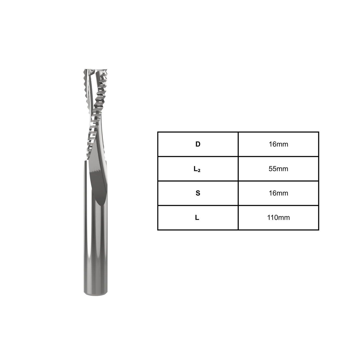 3 Flute Roughing Spirals | 16mm D | 55mm L2 | 16mm S | 110mm L