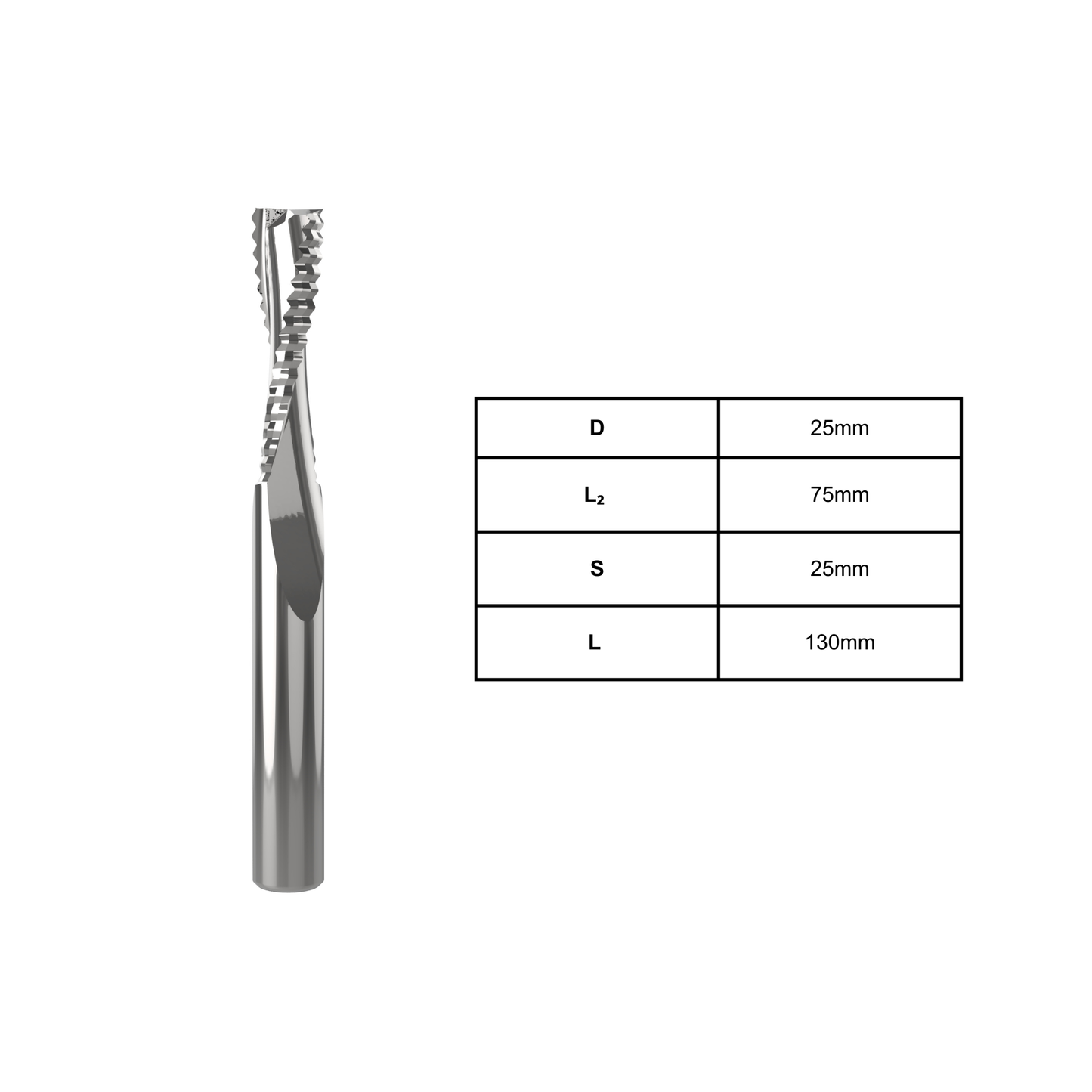 3-flute roughing spiral 25mm D x 75mm L2 for fast and efficient rough cutting of wood, MDF, and composite materials; durable CNC milling tool
