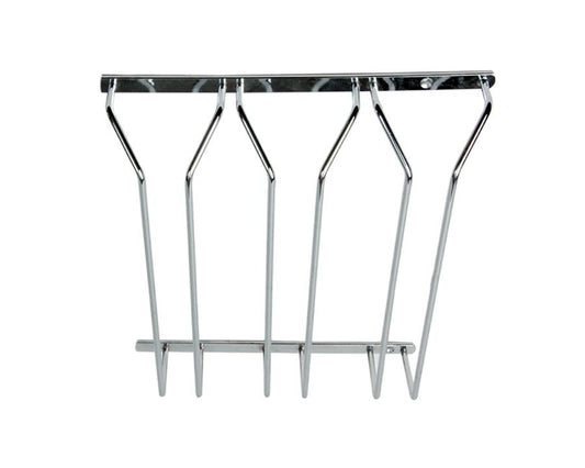 Wire stemware rack designed to store and display wine glasses while saving cabinet space