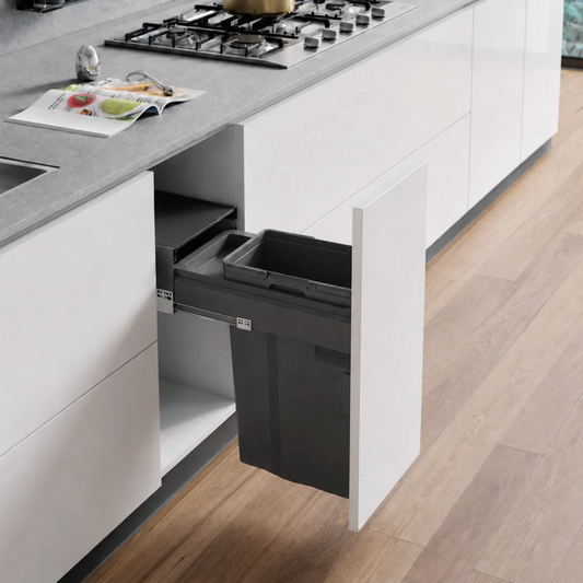 Integrated 32L pull-out kitchen bin system for 300mm cabinets with durable dark grey finish.