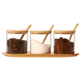 Round Bamboo Trio Glass Jar Set – 300ml Each