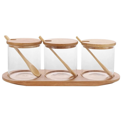 Round Bamboo Trio Glass Jar Set – 300ml Each-0