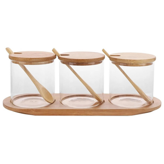 Round Bamboo Trio Glass Jar Set – 300ml Each-0