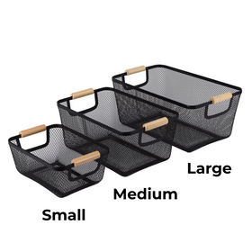 Black Mesh Storage Basket with Wooden Handles