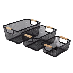 Black Mesh Storage Basket with Wooden Handles
