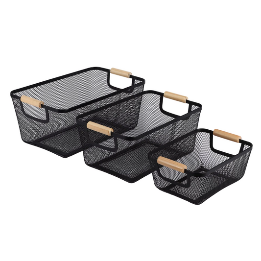 Black Mesh Storage Basket with Wooden Handles-0