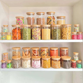 Round Bamboo Glass Pantry Container Set – 35 Pack