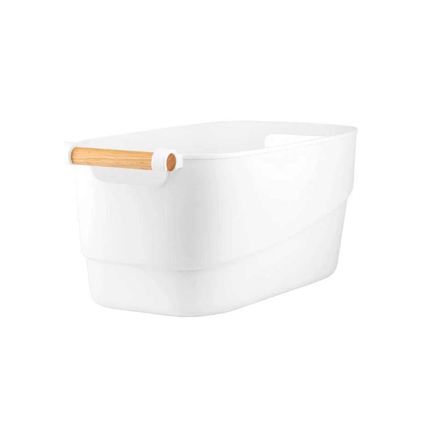 Small White Storage Tub – Stylish with Wooden Handles