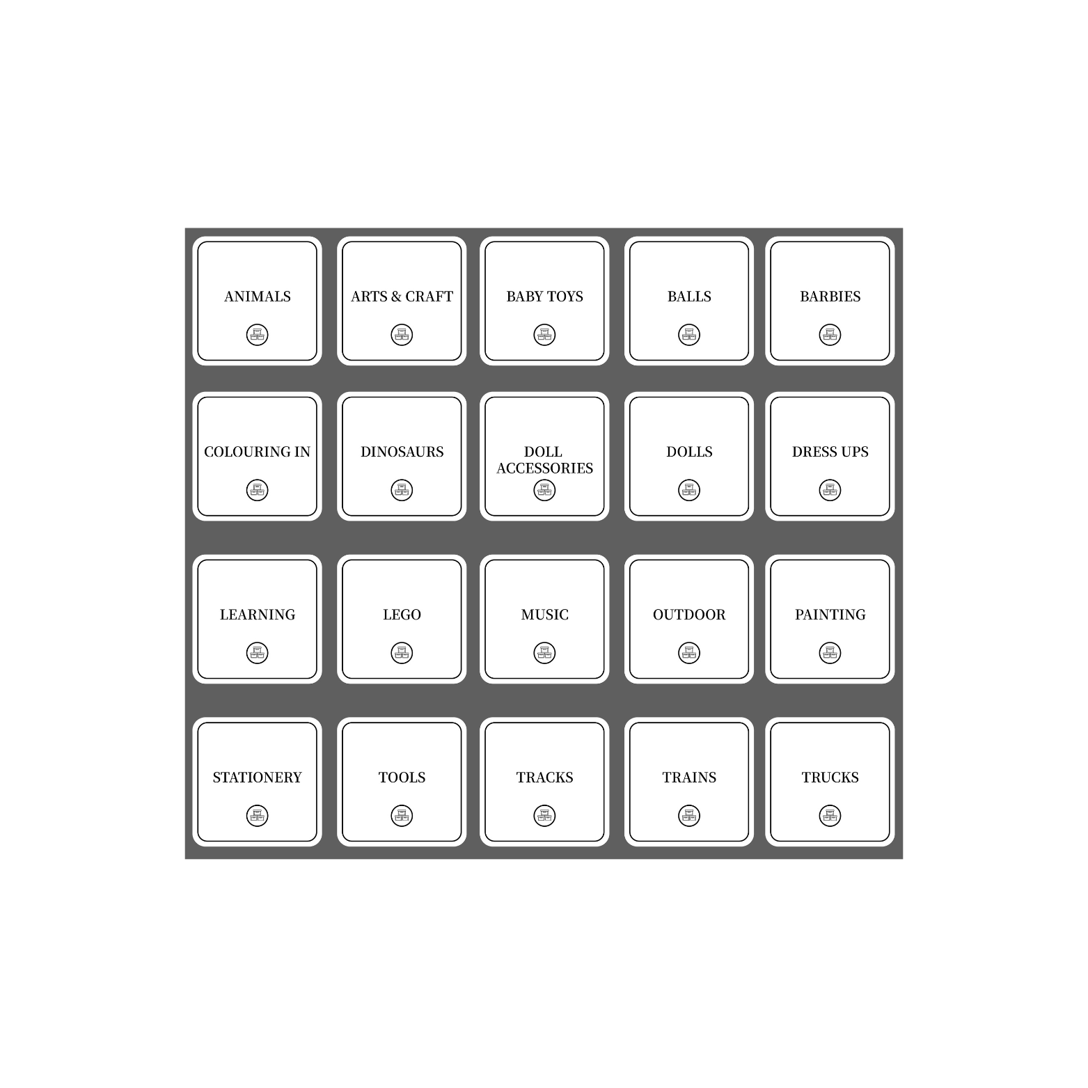 Toy Room Organisational Stickers – 36 Pack – Square-1