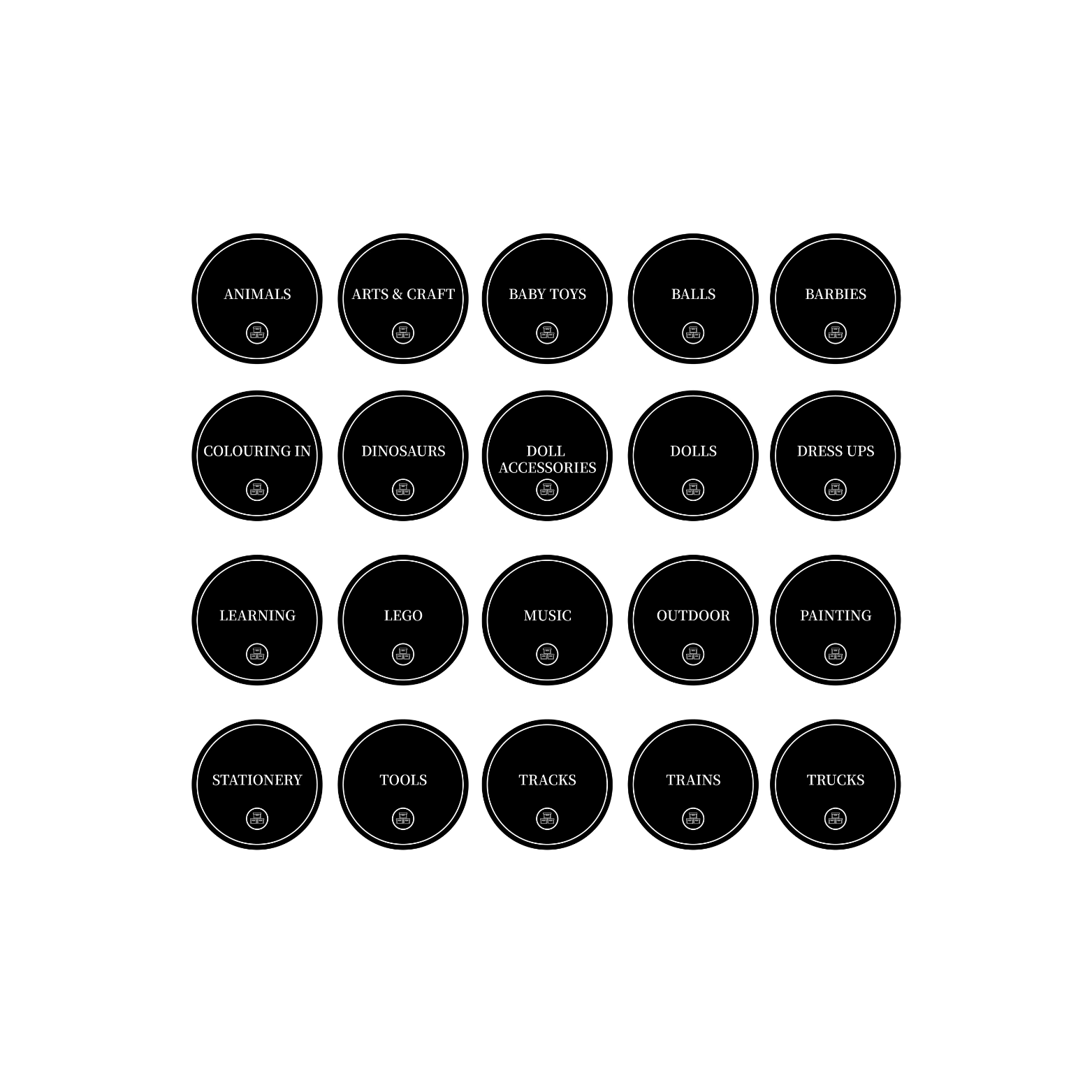 Toy Room Organisational Stickers – 36 Pack – Round-1
