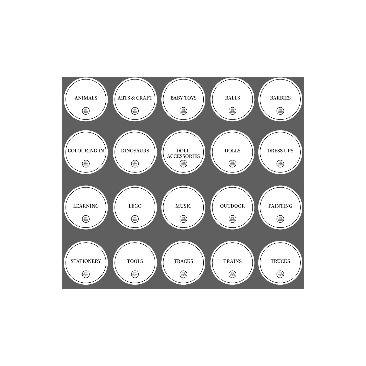 Toy Room Organisational Stickers – 36 Pack – Round