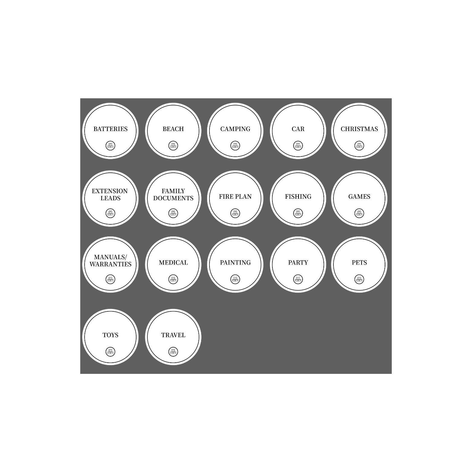 Garage Organisation Stickers – 32 Label Pack – Round-3
