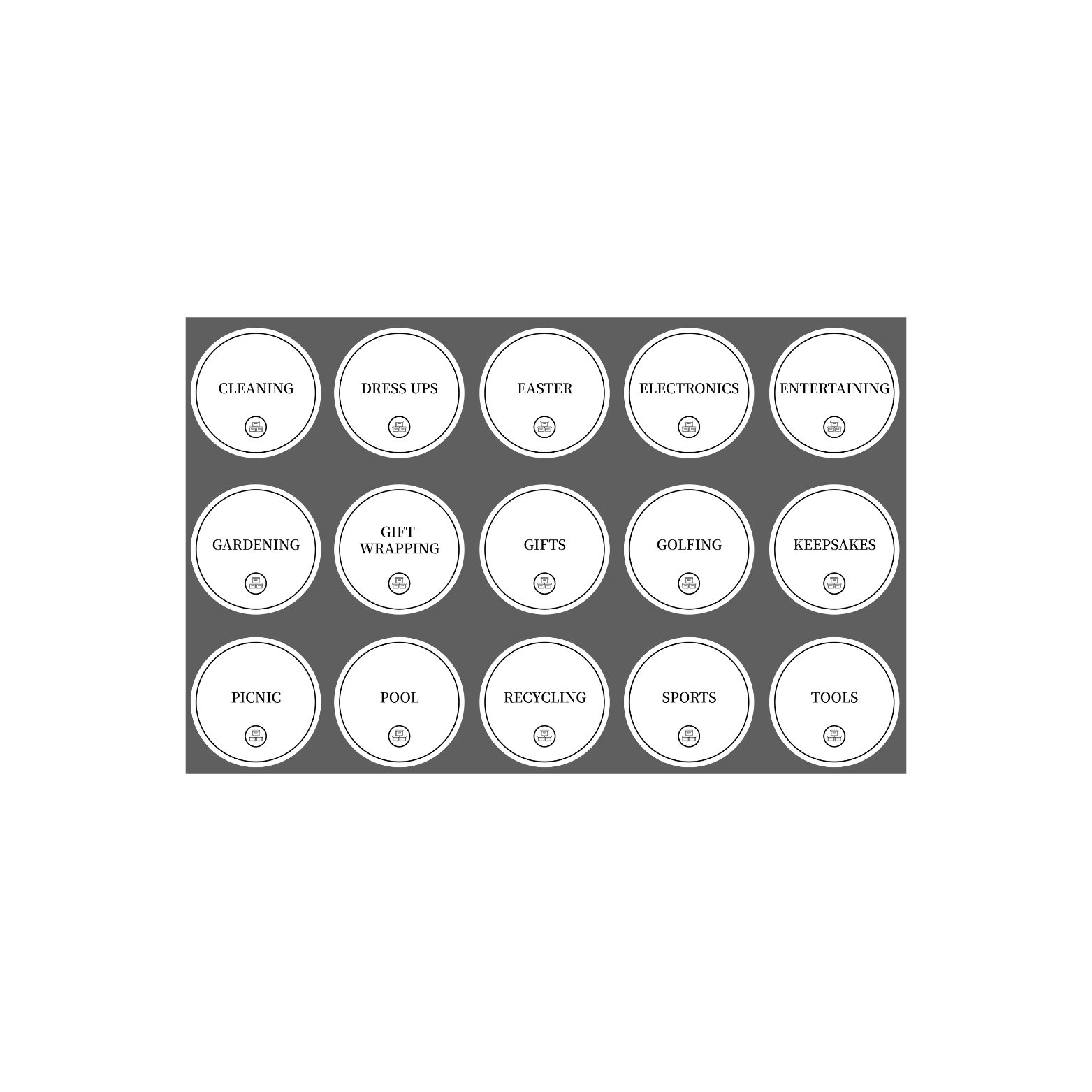 Garage Organisation Stickers – 32 Label Pack – Round-4