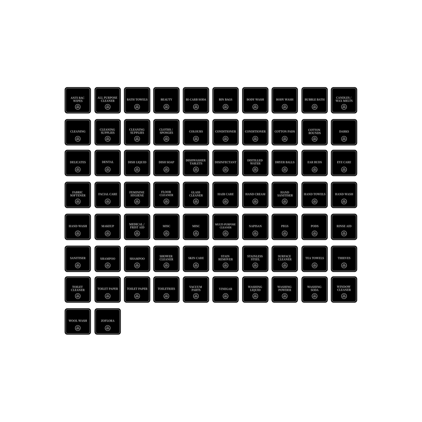 Bathroom & Laundry Vinyl Labels – 72 Square Stickers