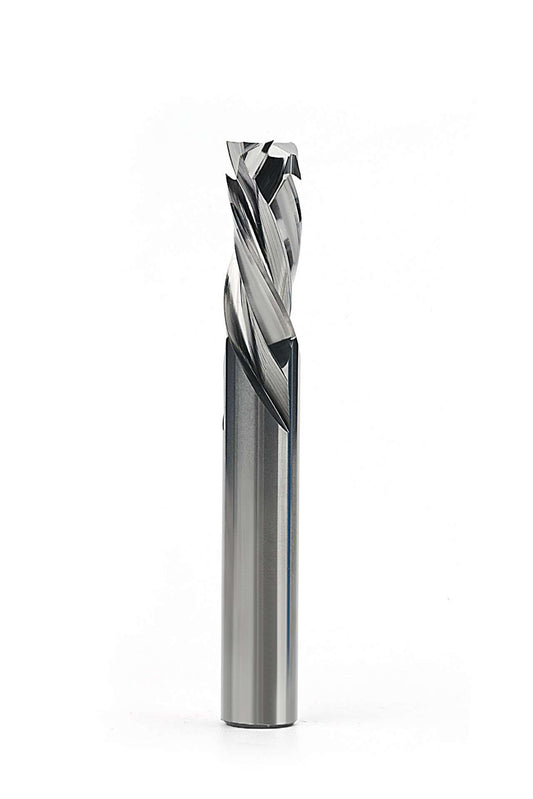 3 flute compression router bit for clean top and bottom finish cutting in plywood, MDF, and hardwood, ideal for CNC machining and woodworking applications