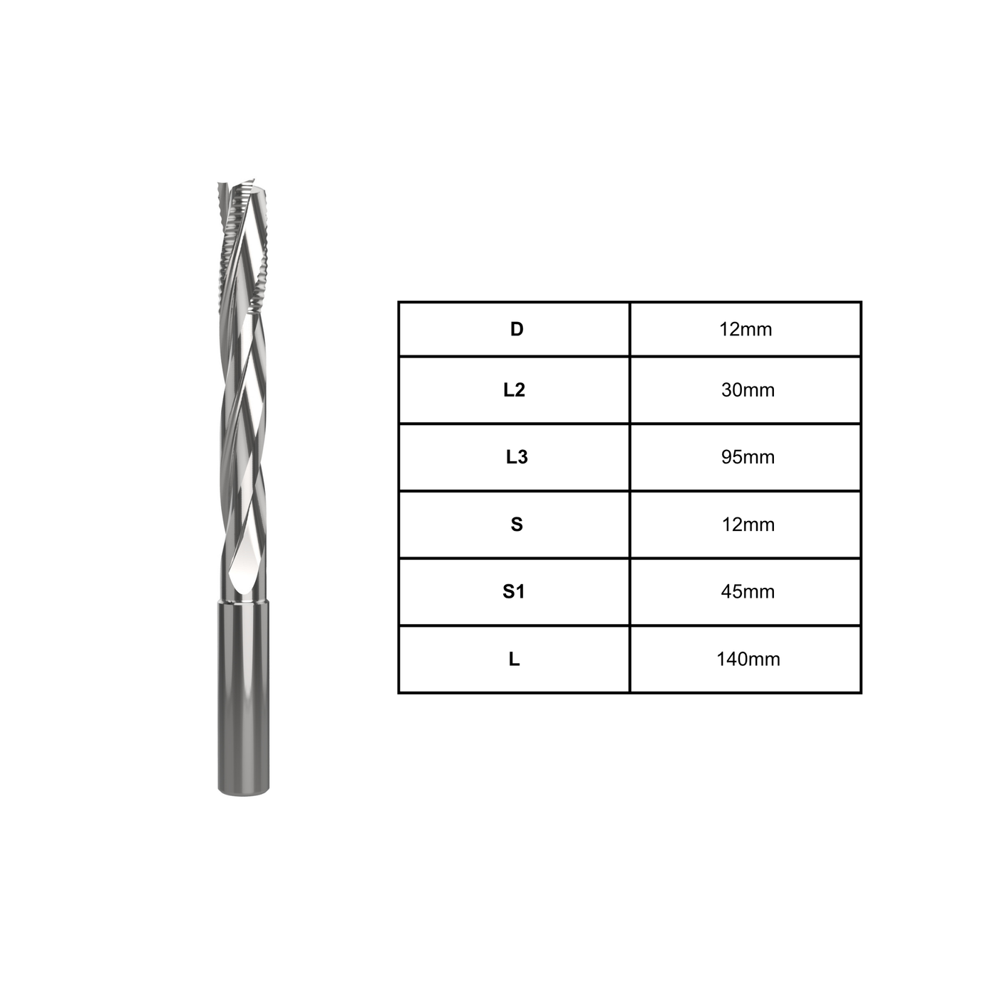 3 Flute Mortise Lock Cutters | 12mm D | 30mm L2 | 95mm L3 |  12mm S | 45mm S1 | 140mm L